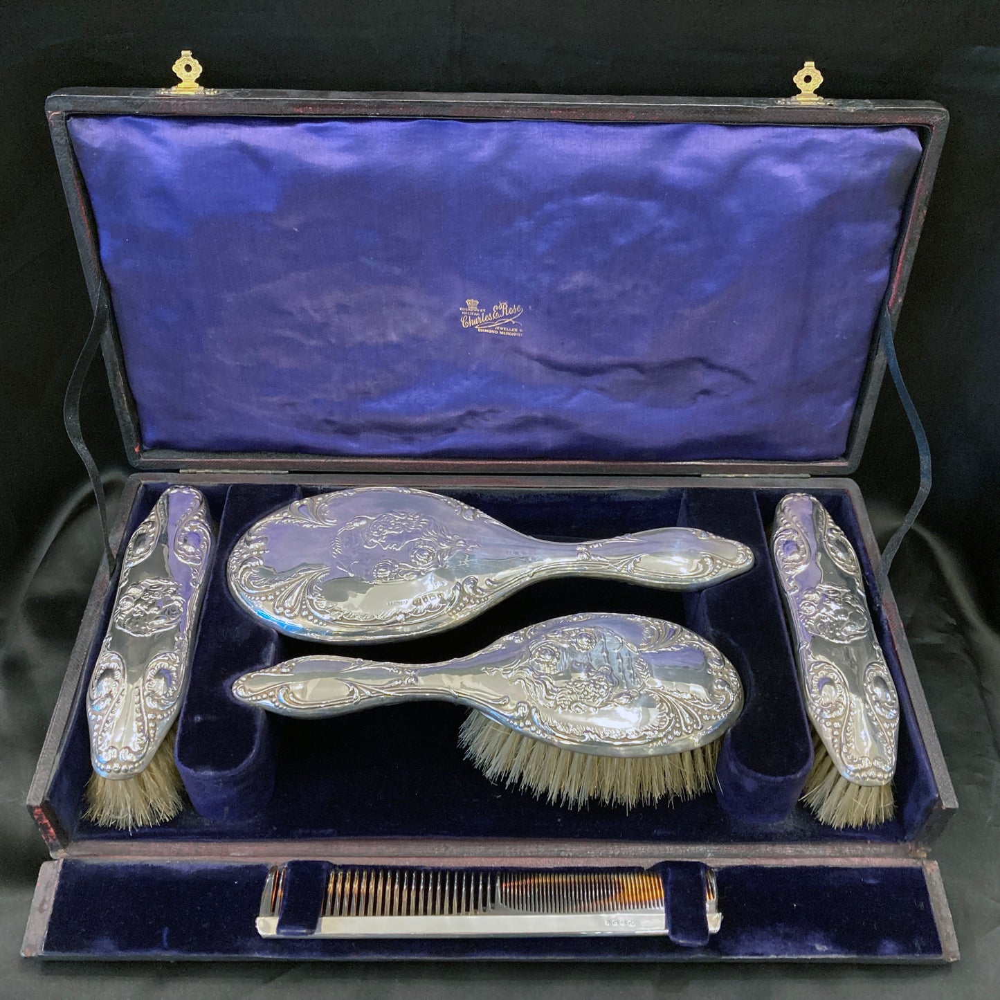 Boxed sterling silver Coronation 6pc Dressing table set