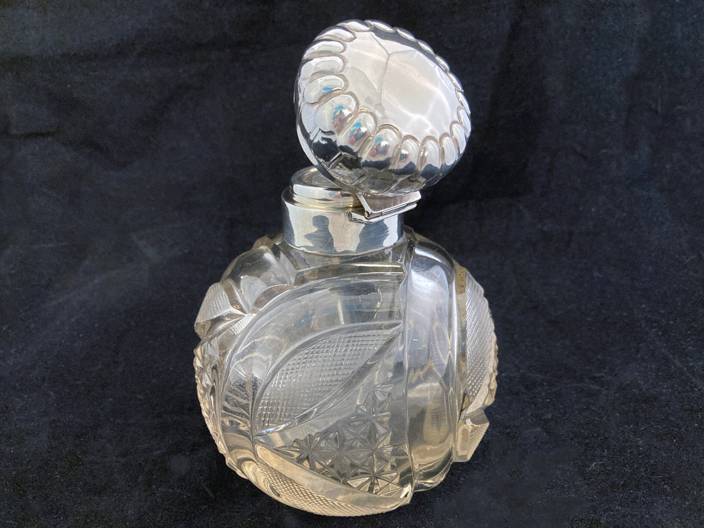 Antique silver and cut crystal ball perfume bottle