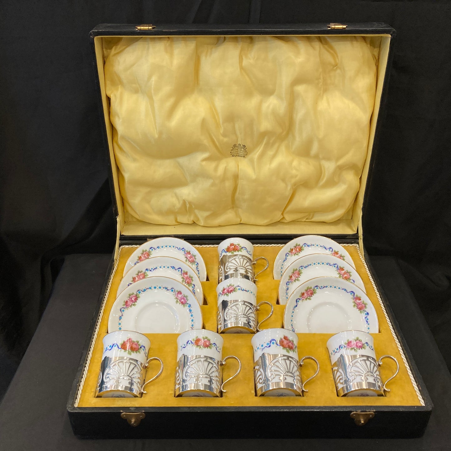 Antique Sterling silver holder Porcelain demitasse coffee/ tea cups Boxed
