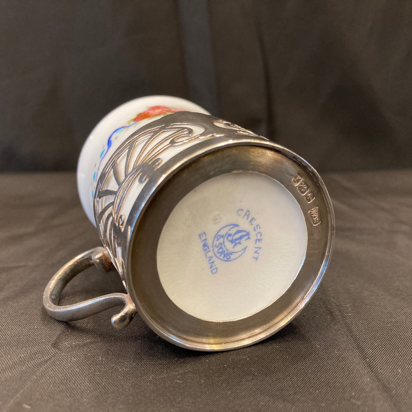Antique Sterling silver holder Porcelain demitasse coffee/ tea cups Boxed