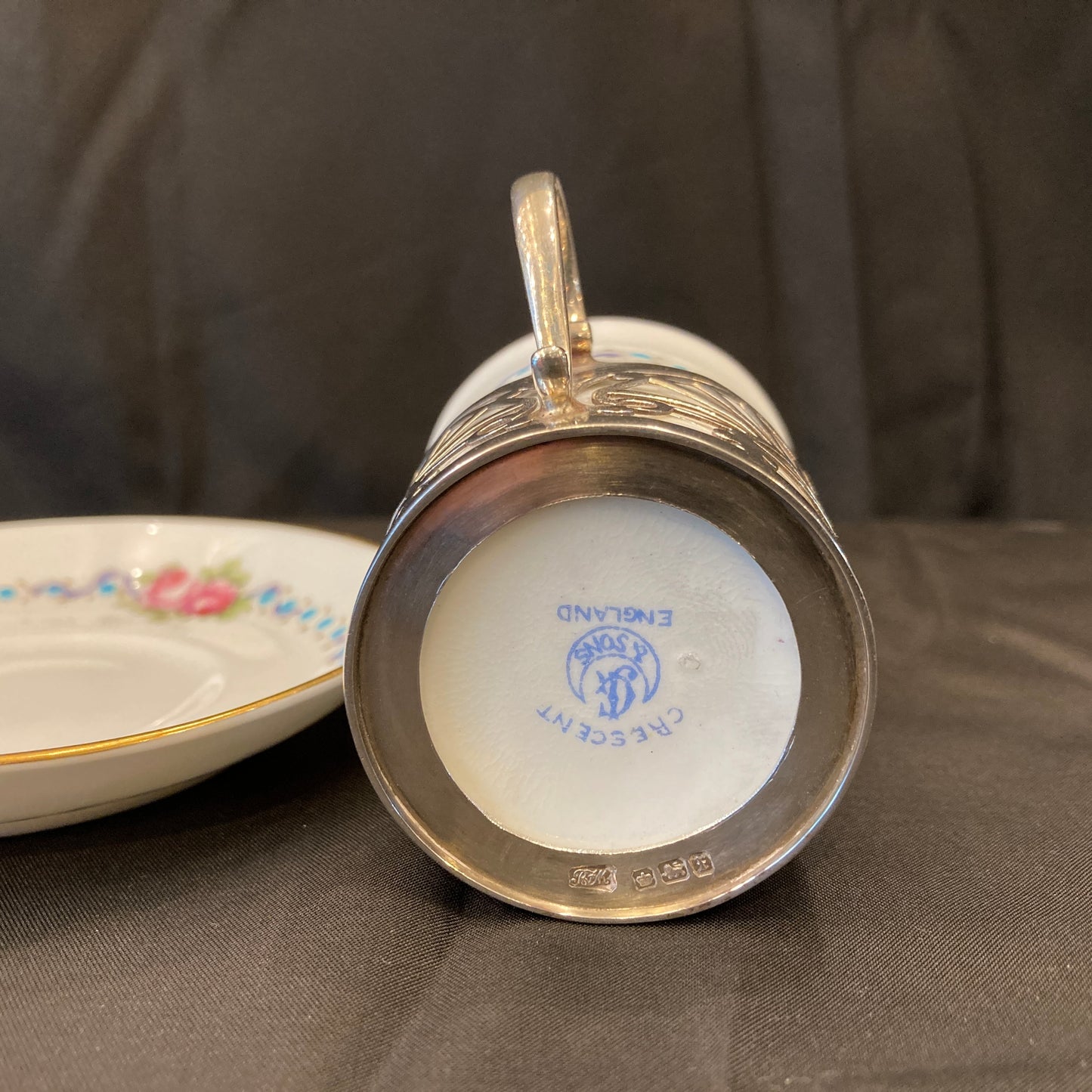 Antique Sterling silver holder Porcelain demitasse coffee/ tea cups Boxed