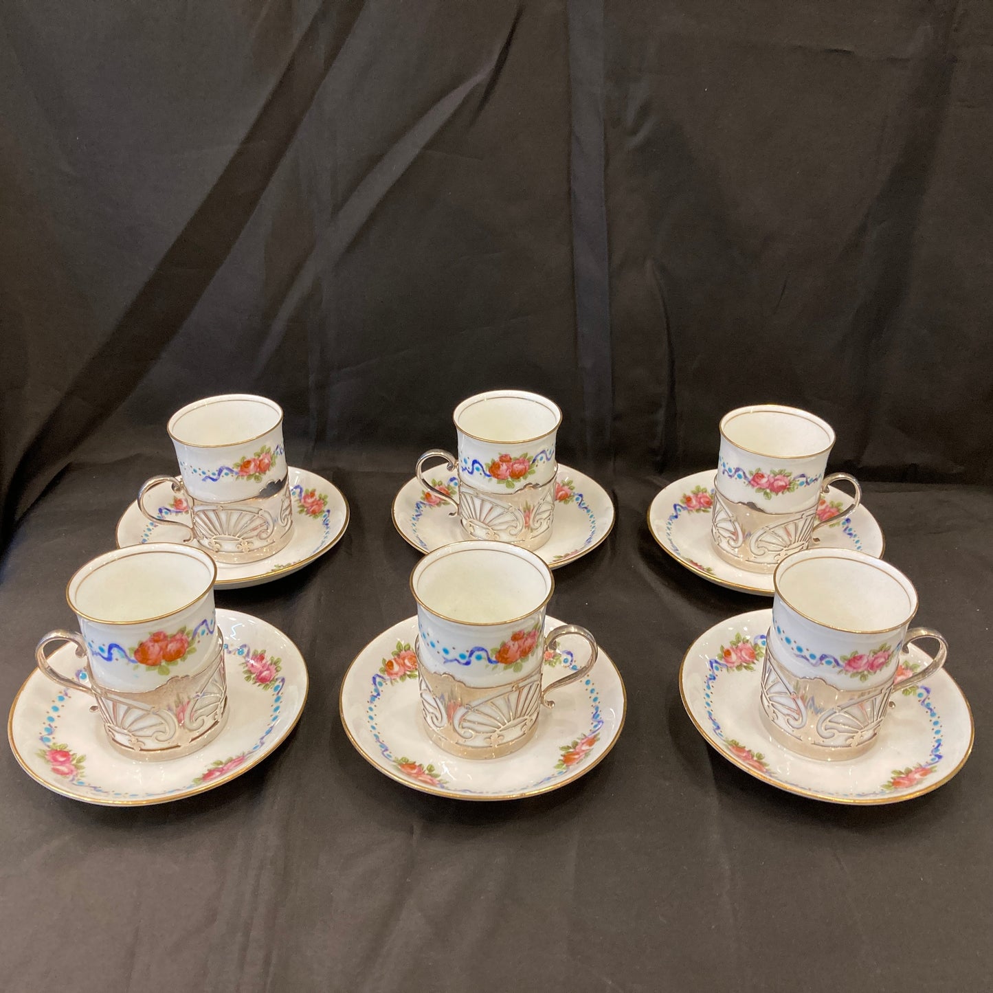 Antique Sterling silver holder Porcelain demitasse coffee/ tea cups Boxed