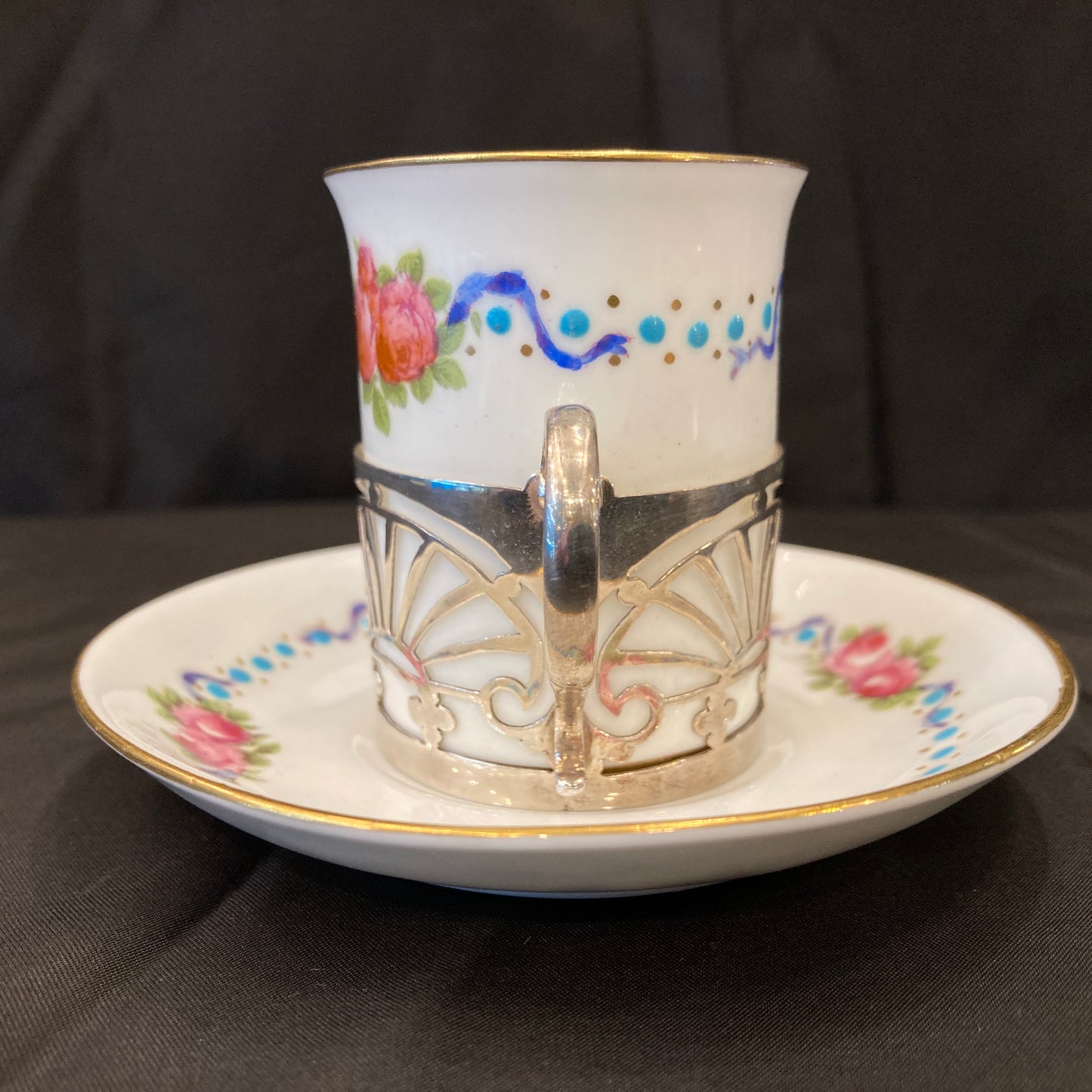 Antique Sterling silver holder Porcelain demitasse coffee/ tea cups Boxed