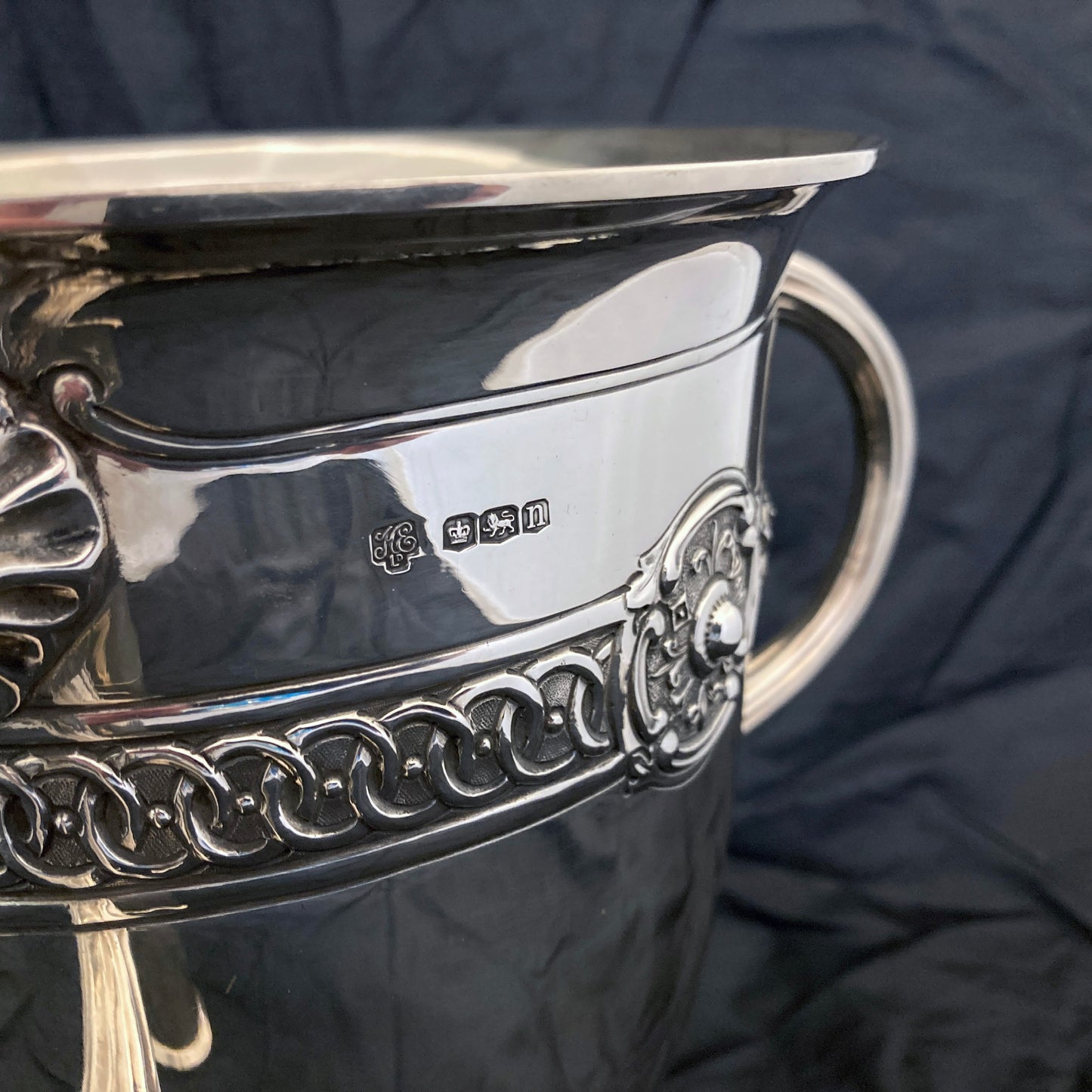 Sterling silver three handle trophy cup by Hanksworth, Eyre & Co