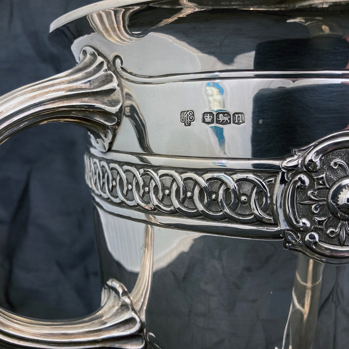 Sterling silver three handle trophy cup by Hanksworth, Eyre & Co