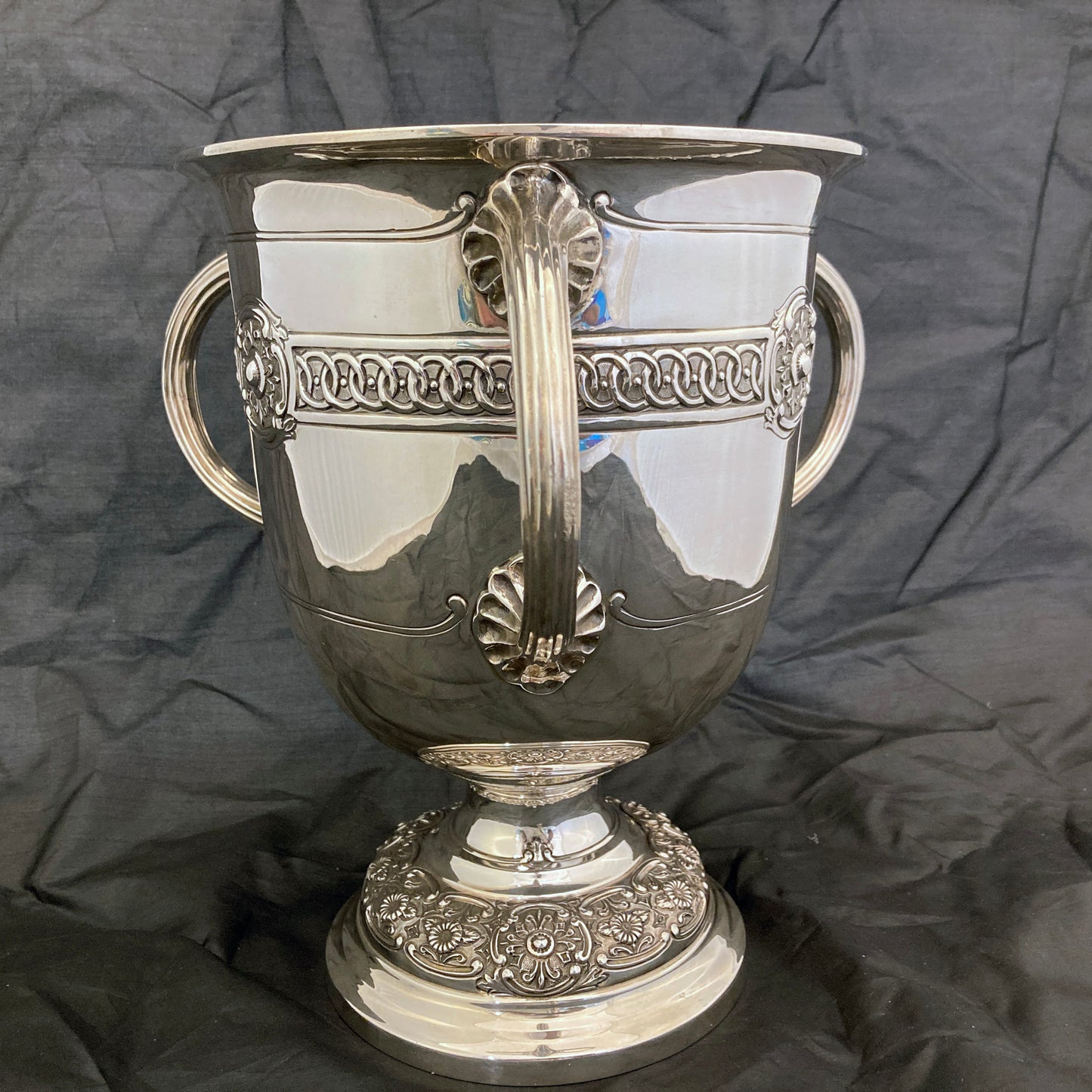 Sterling silver three handle trophy cup by Hanksworth, Eyre & Co