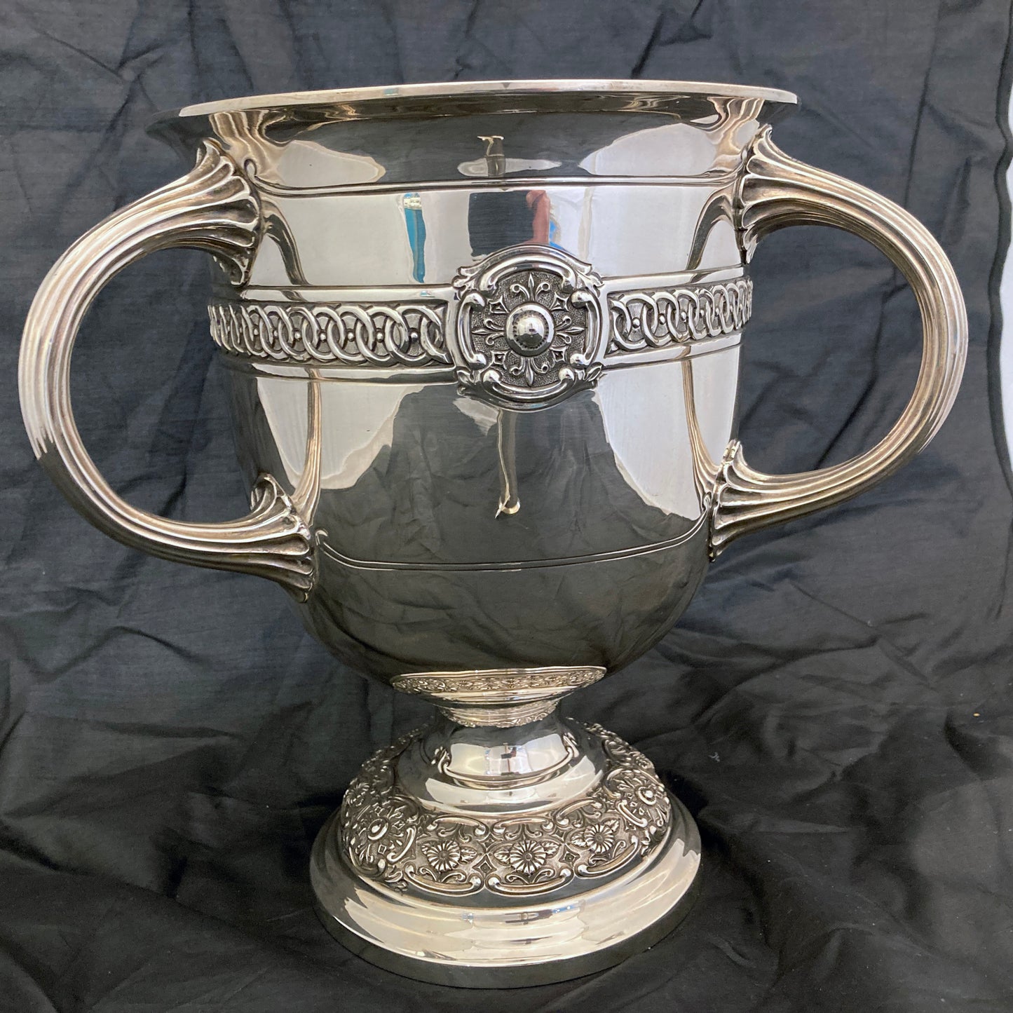 Sterling silver three handle trophy cup by Hanksworth, Eyre & Co