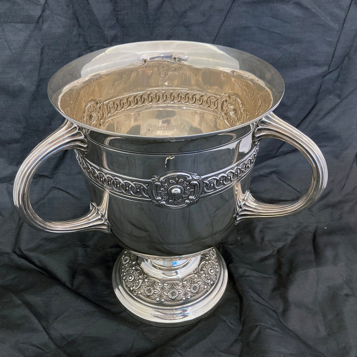 Sterling silver three handle trophy cup by Hanksworth, Eyre & Co