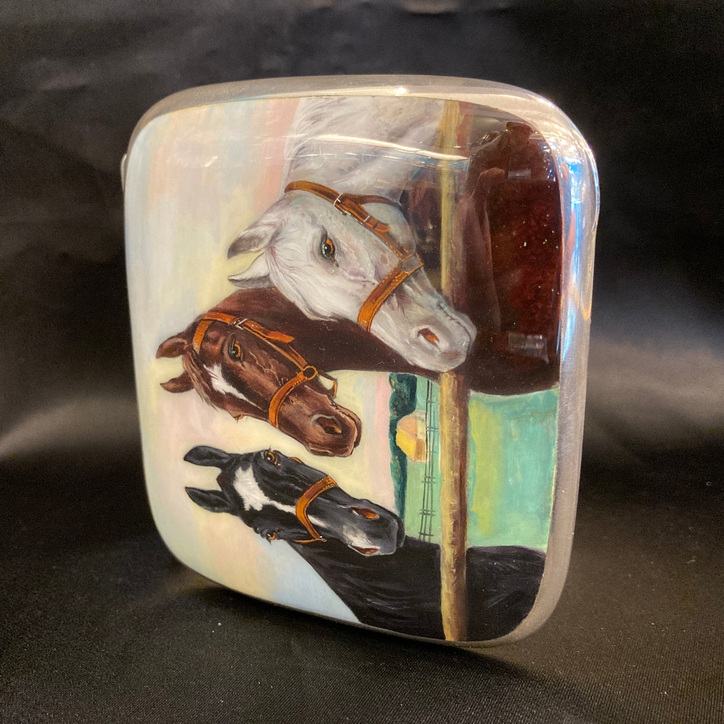 Stunning sterling silver and enamel cigarette case with thoroughbred horses