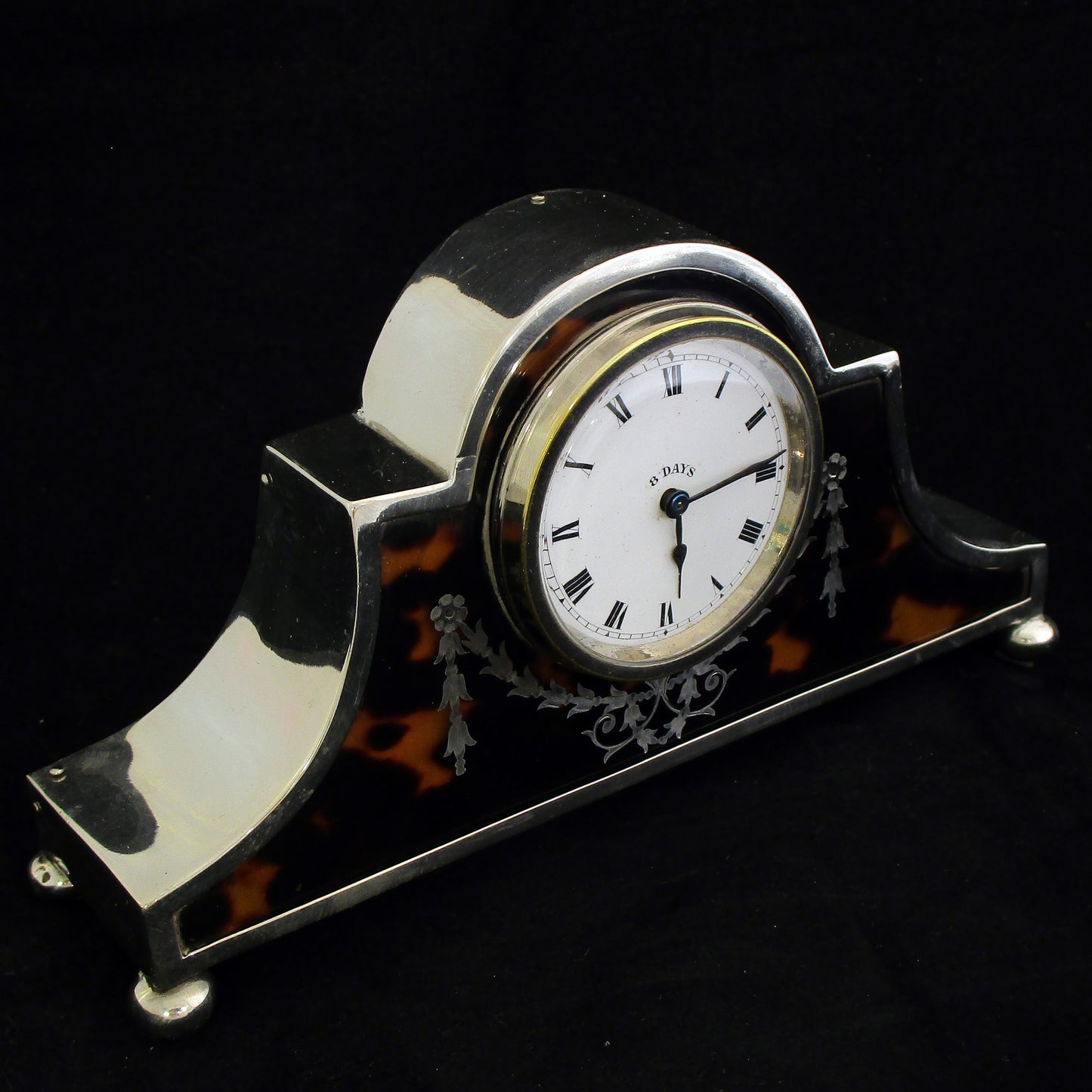 Sterling silver and tortoise shell mantel clock