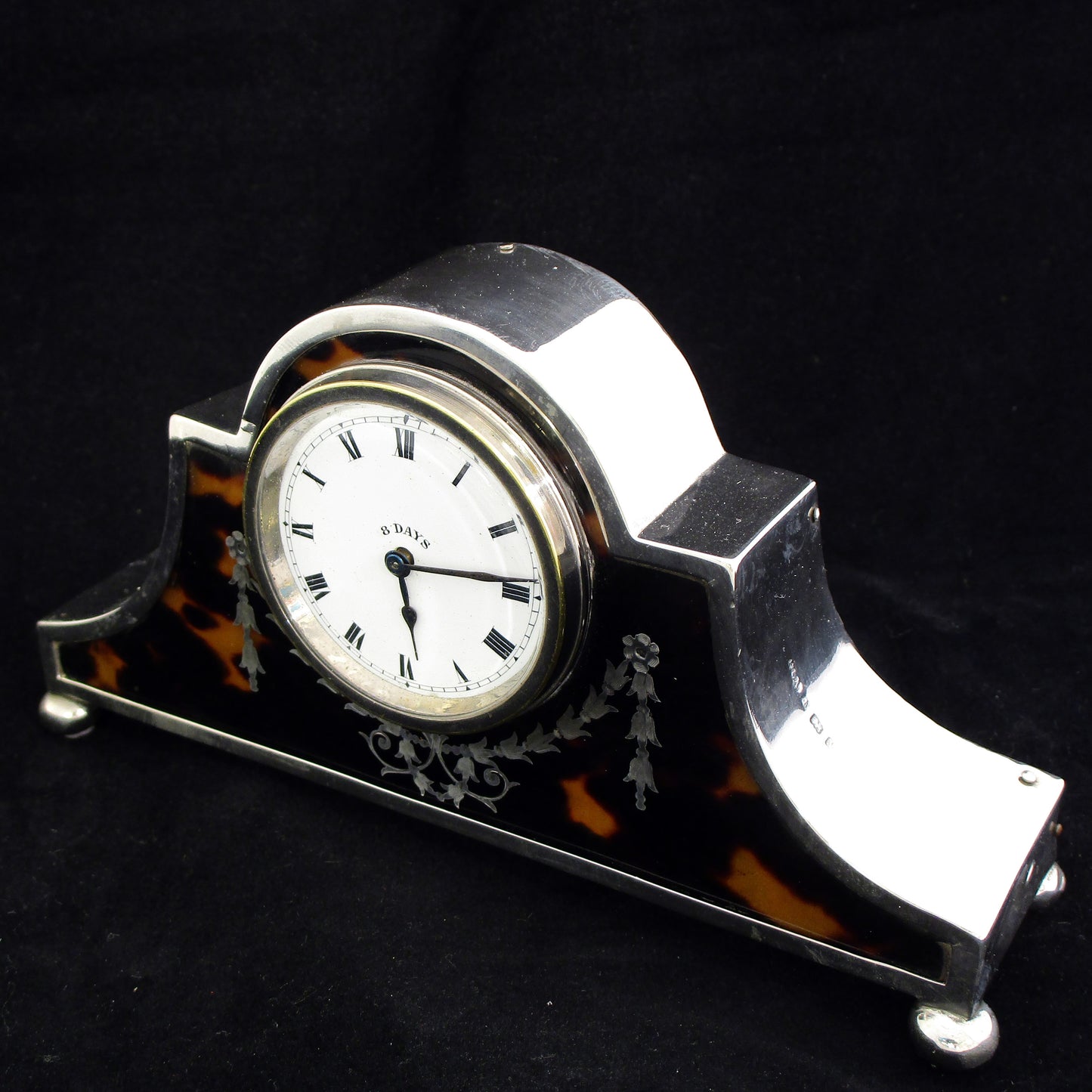 Sterling silver and tortoise shell mantel clock