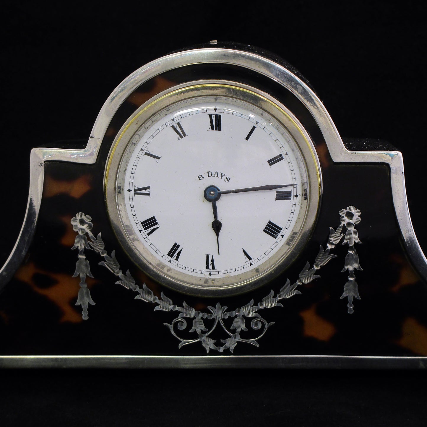 Sterling silver and tortoise shell mantel clock