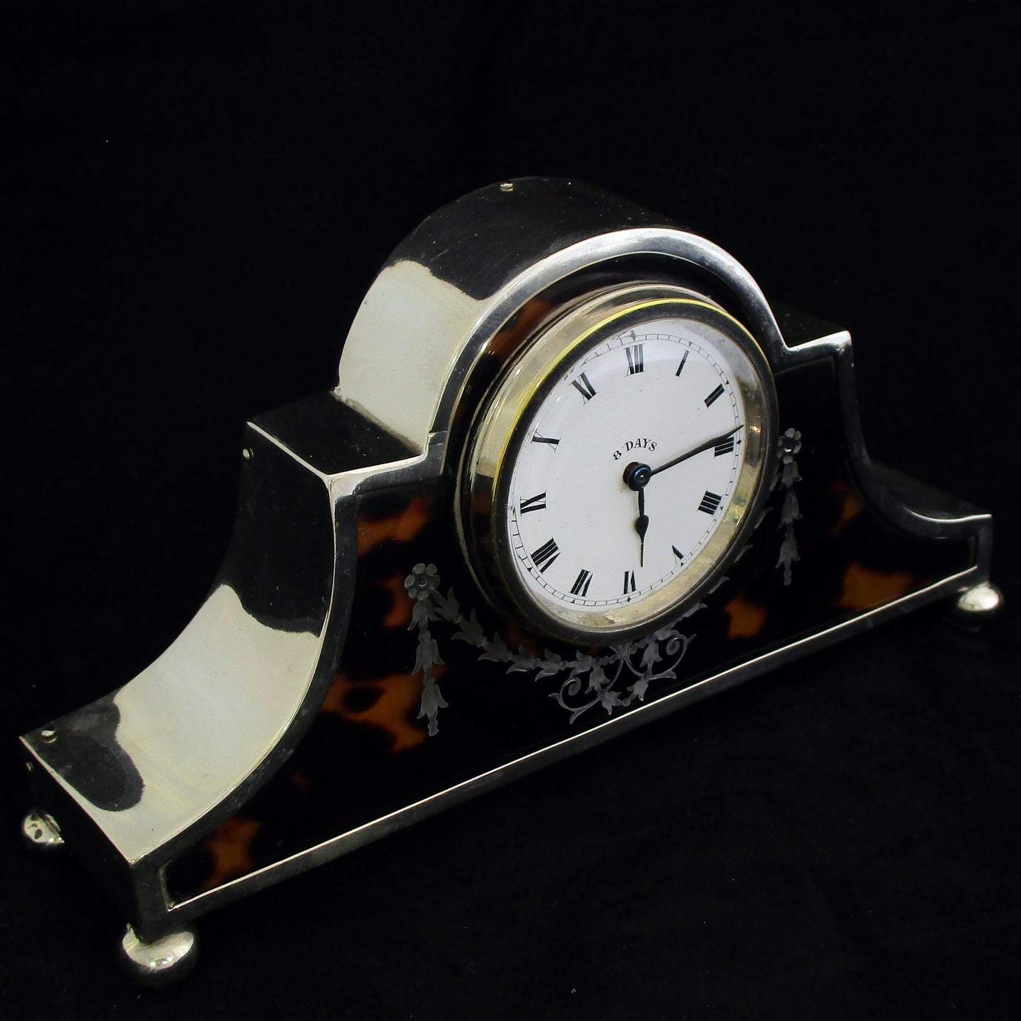 Sterling silver and tortoise shell mantel clock