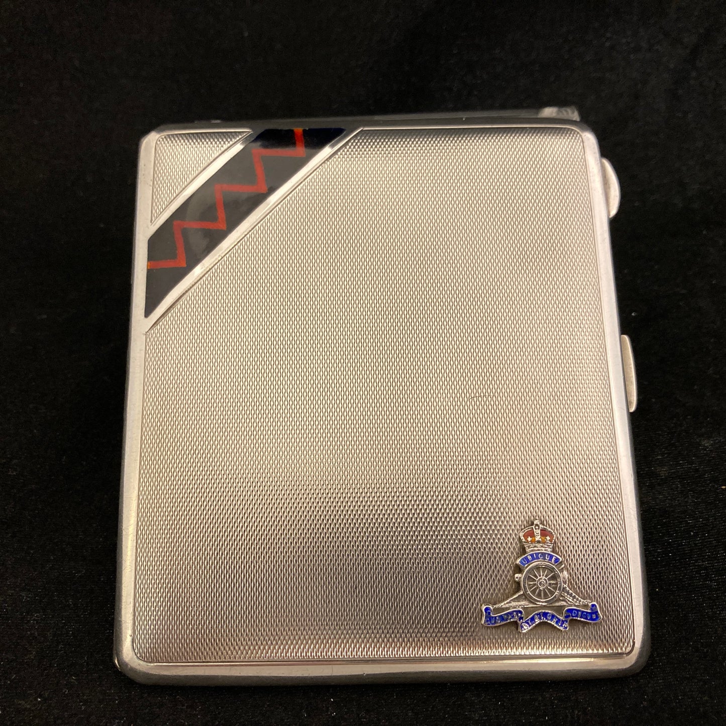 Antique sterling cigarette case with Royal Artillery enamels.
