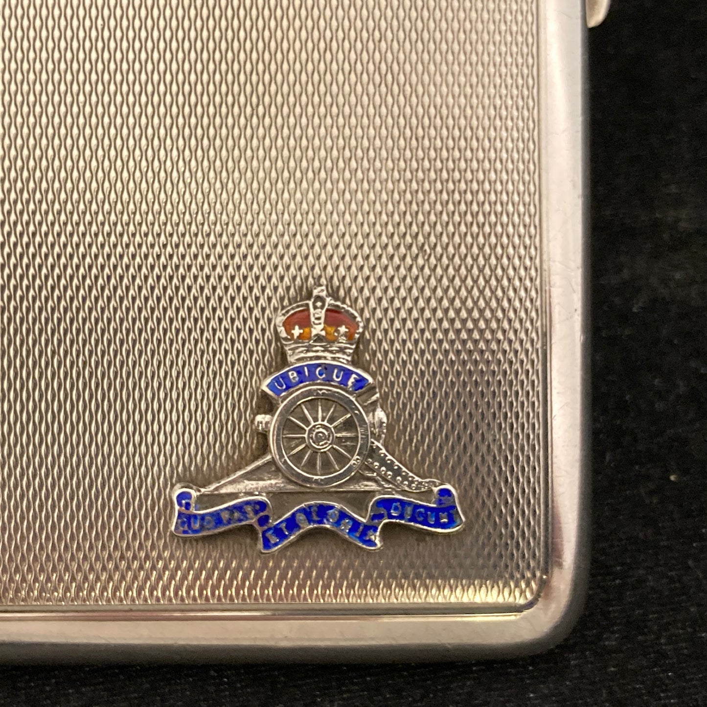 Antique sterling cigarette case with Royal Artillery enamels.