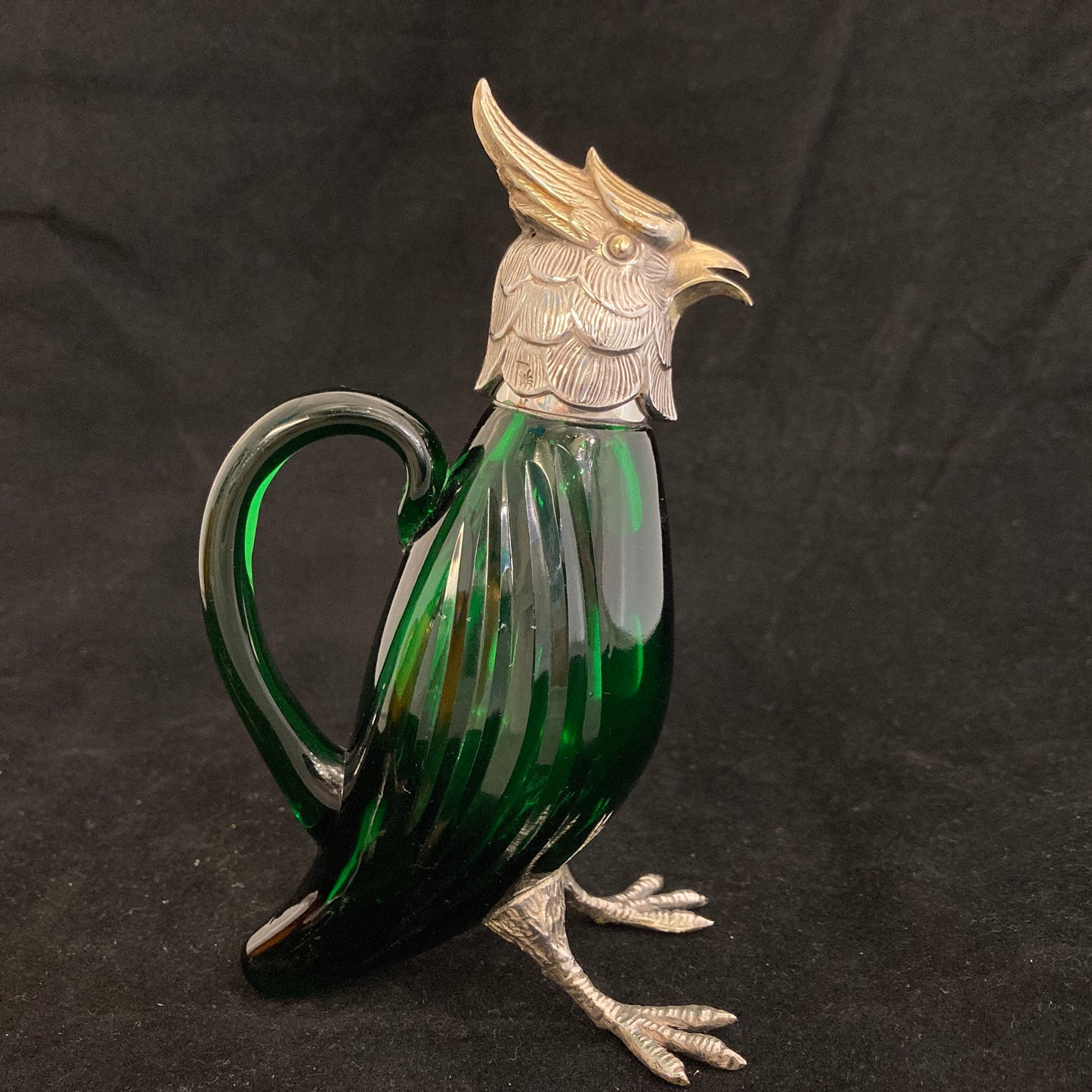 Pair of silver Whiskey noggins in the shape of cockatoos parrots