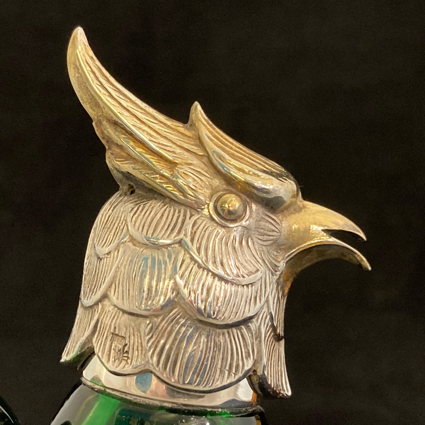 Pair of silver Whiskey noggins in the shape of cockatoos parrots