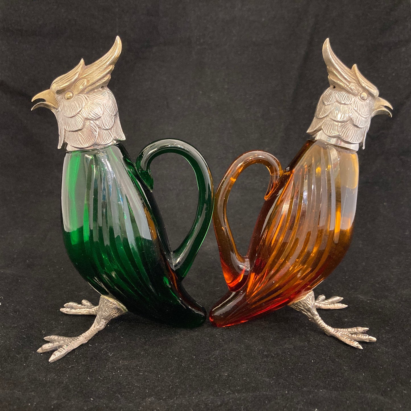 Pair of silver Whiskey noggins in the shape of cockatoos parrots