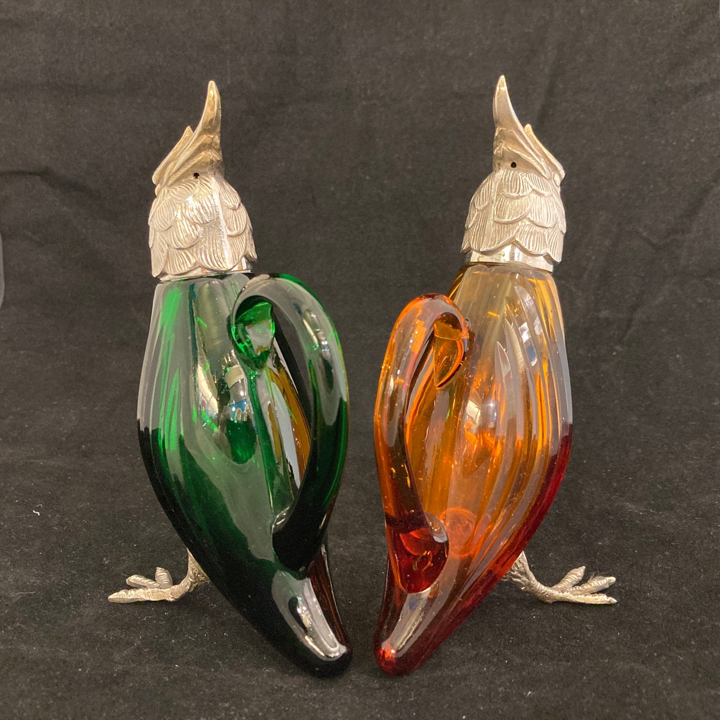 Pair of silver Whiskey noggins in the shape of cockatoos parrots