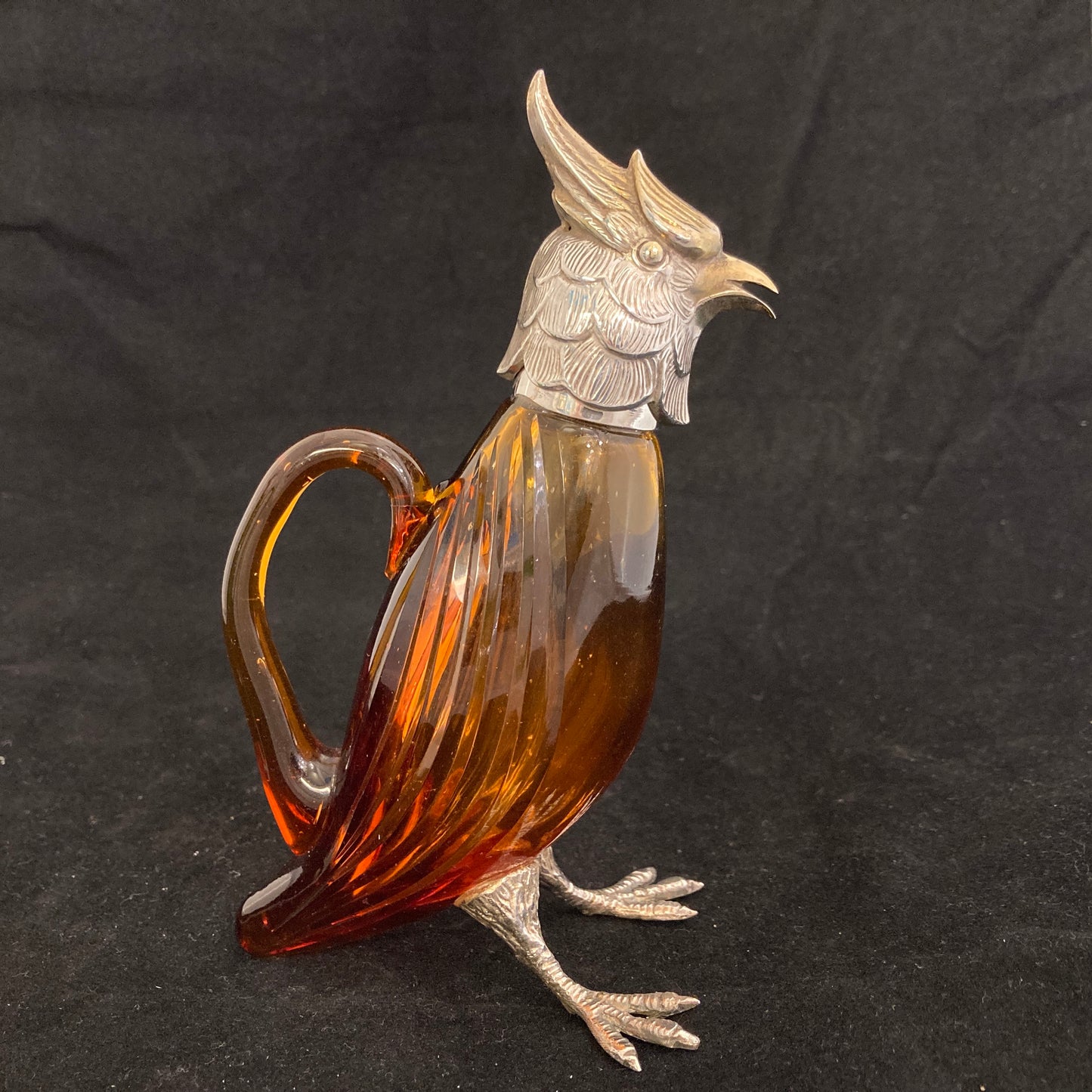 Pair of silver Whiskey noggins in the shape of cockatoos parrots