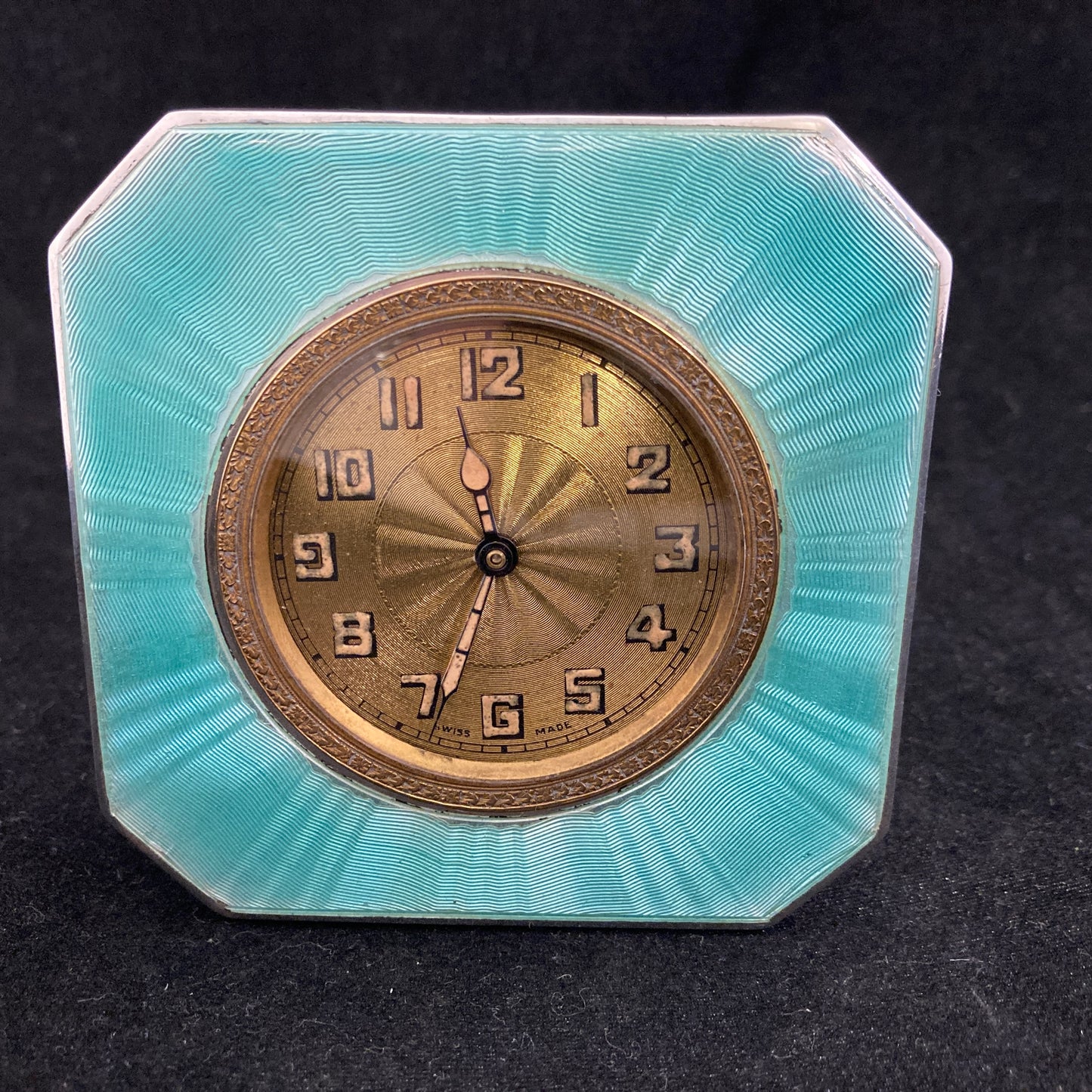 Sterling silver and guilloche enamel Art Deco table clock