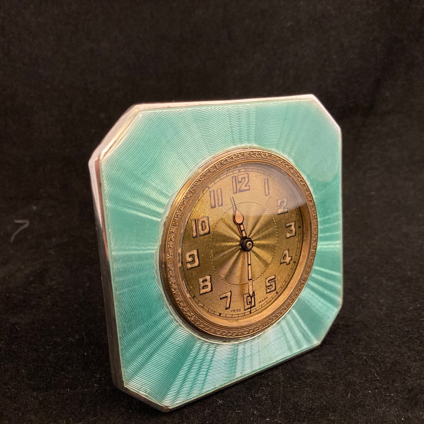Sterling silver and guilloche enamel Art Deco table clock