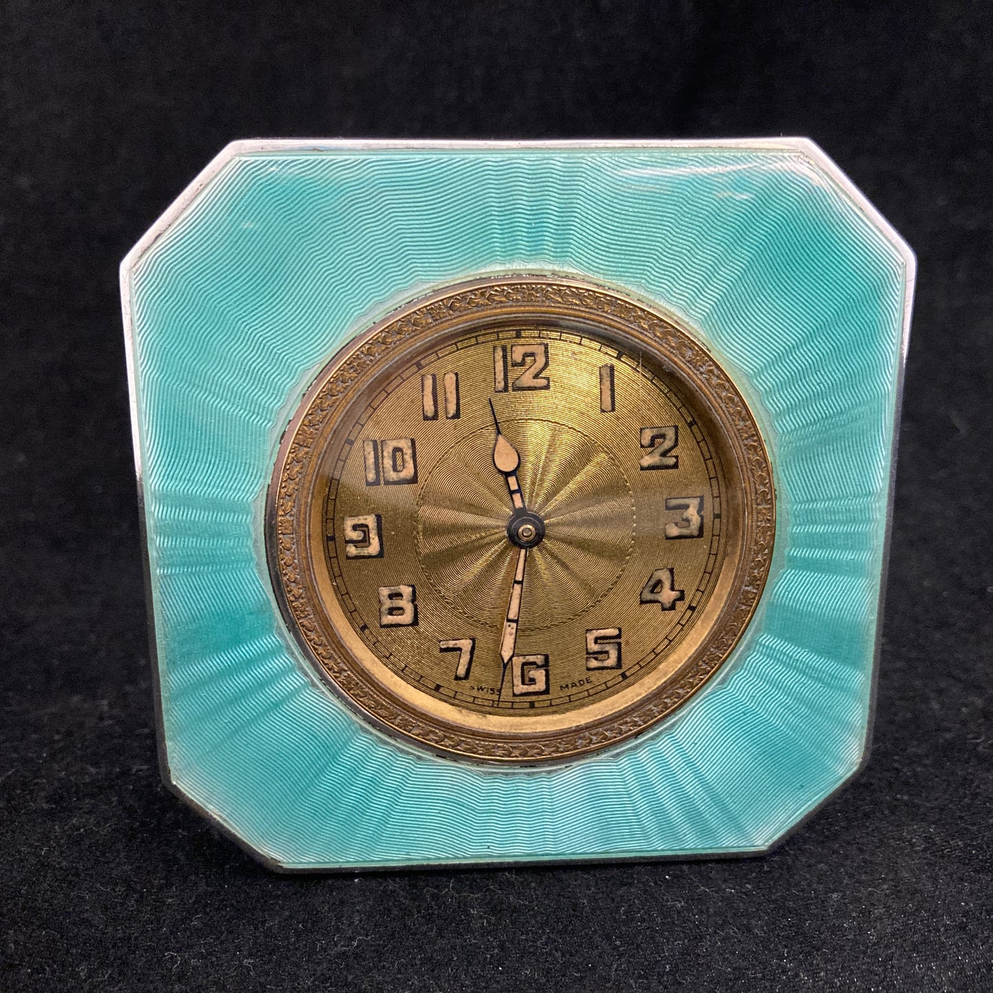 Sterling silver and guilloche enamel Art Deco table clock