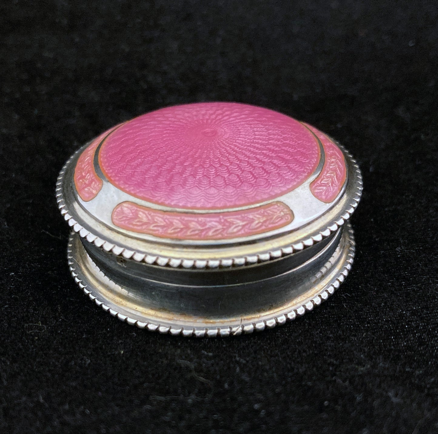 Antique pink guilloche enamel on silver rouge pot