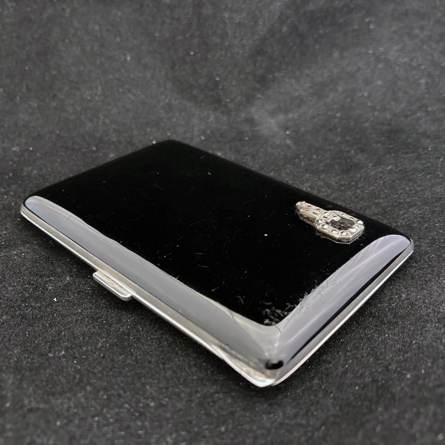 Black enamel with marcasites on silver _ Deco cigarette case
