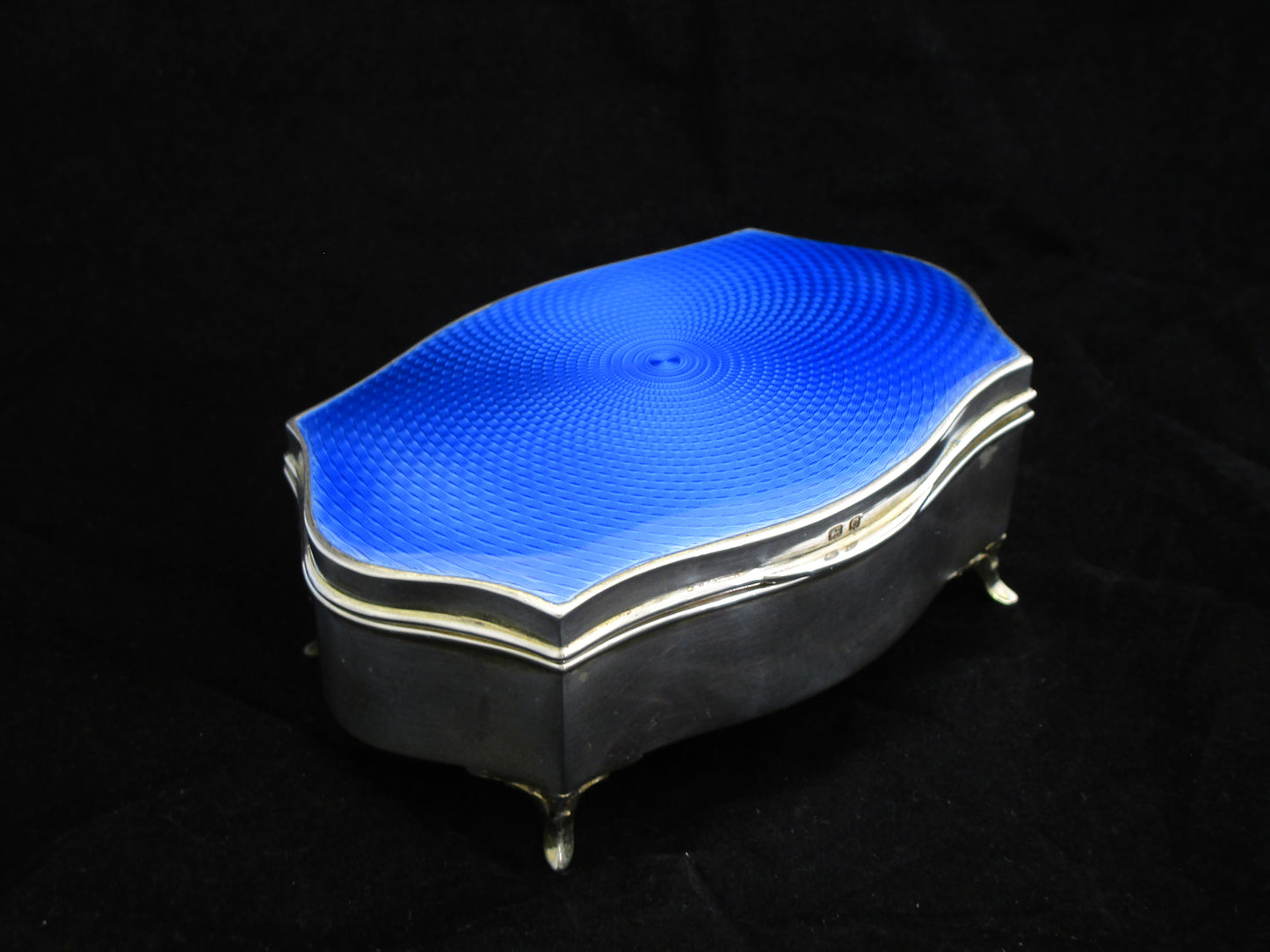 Sterling silver and blue guilloche enamel box by Walker & Hall