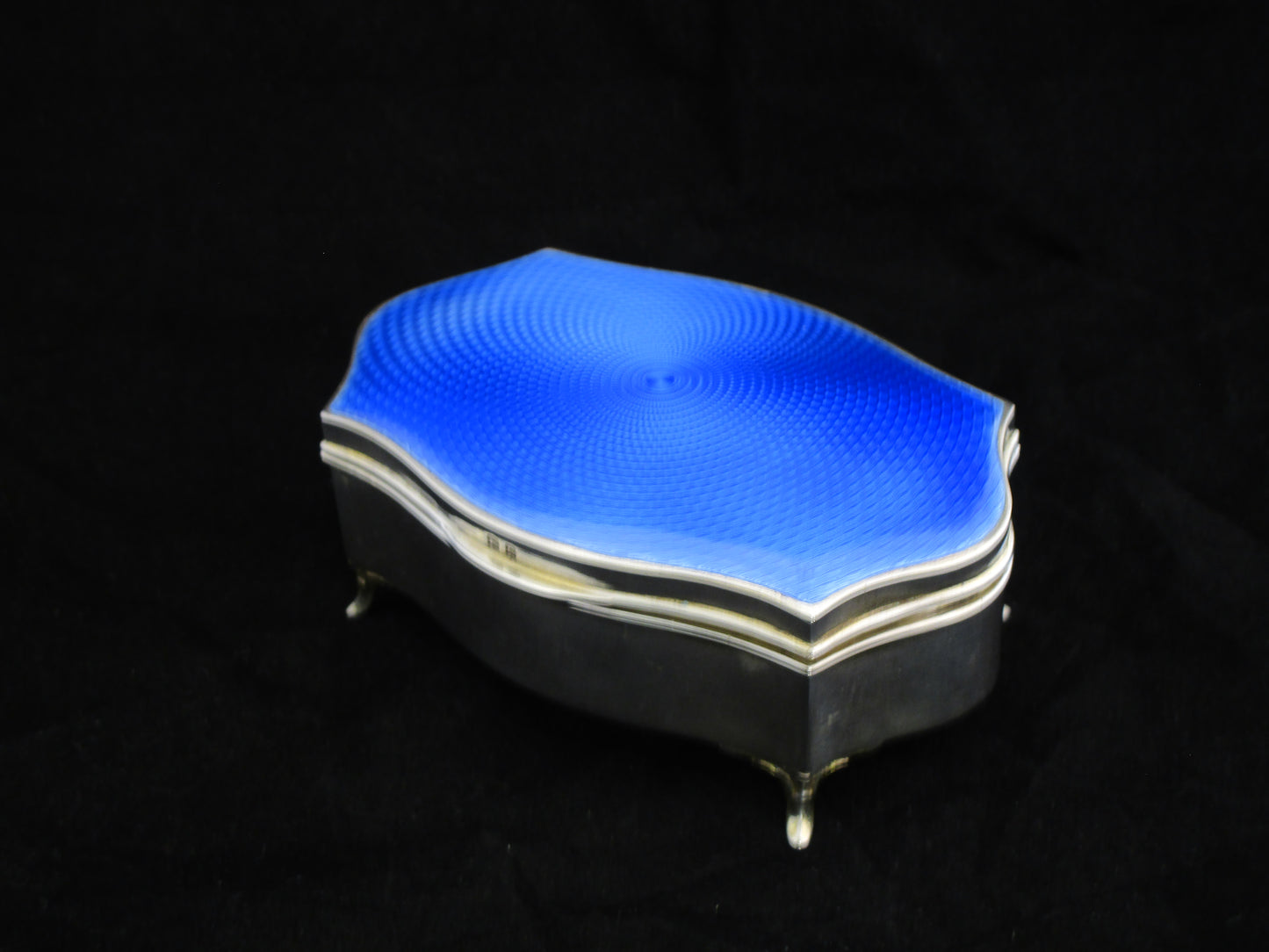 Sterling silver and blue guilloche enamel box by Walker & Hall