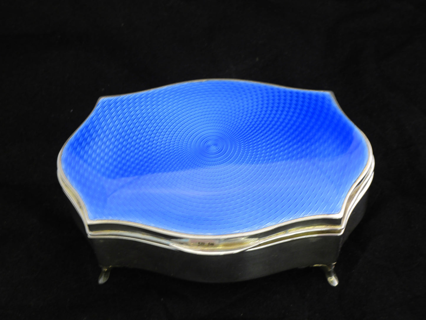Sterling silver and blue guilloche enamel box by Walker & Hall