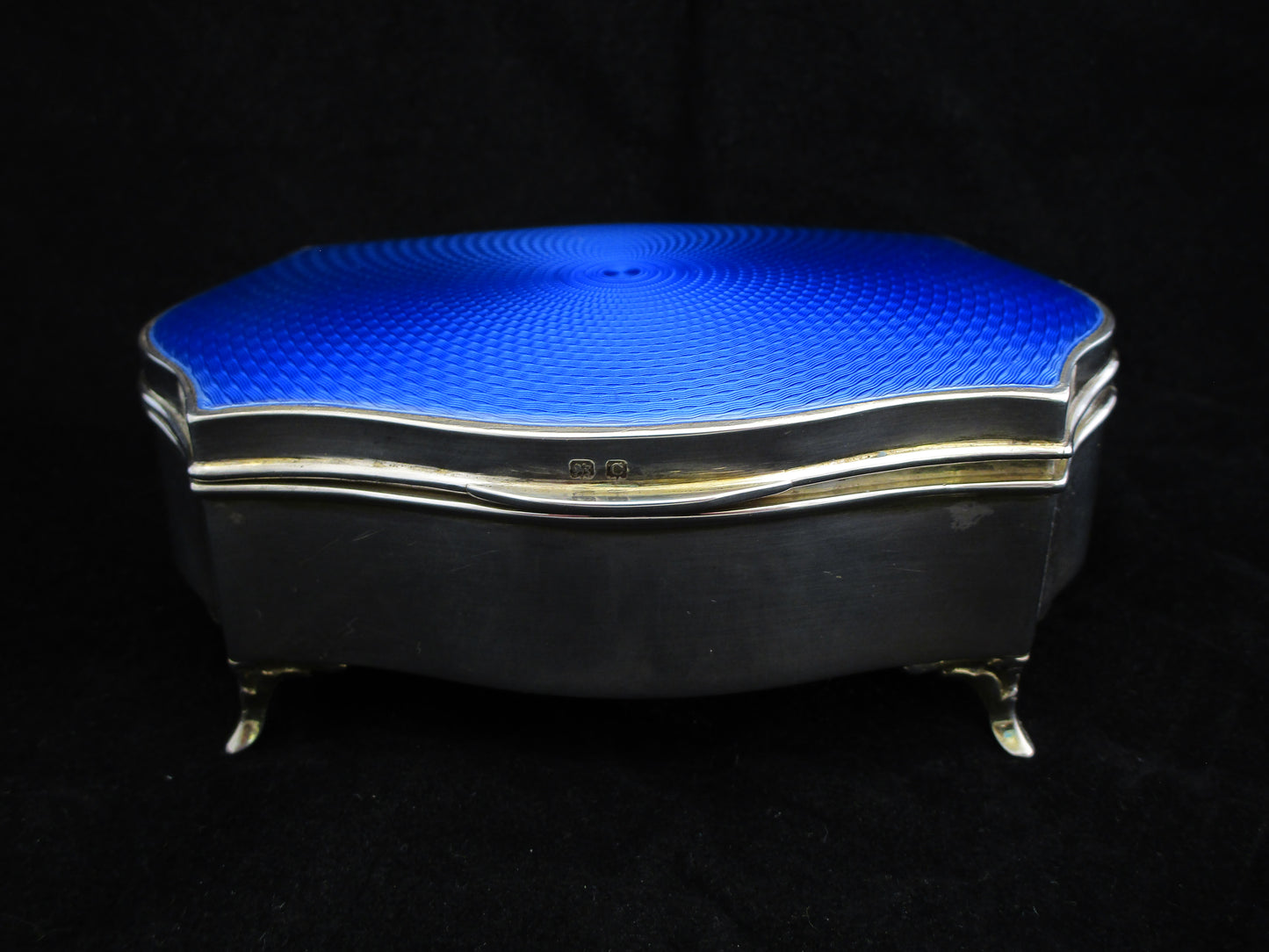 Sterling silver and blue guilloche enamel box by Walker & Hall