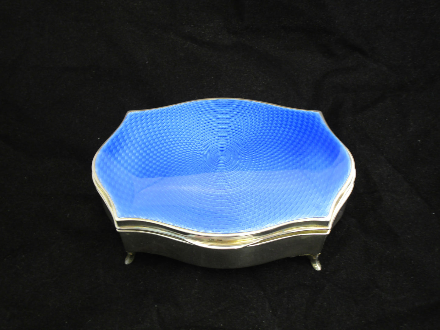 Sterling silver and blue guilloche enamel box by Walker & Hall