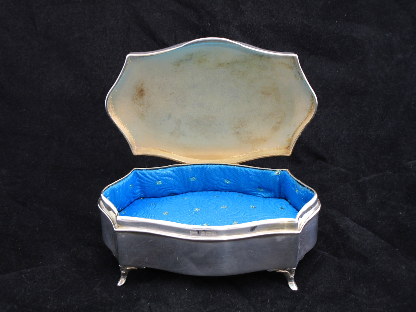 Sterling silver and blue guilloche enamel box by Walker & Hall