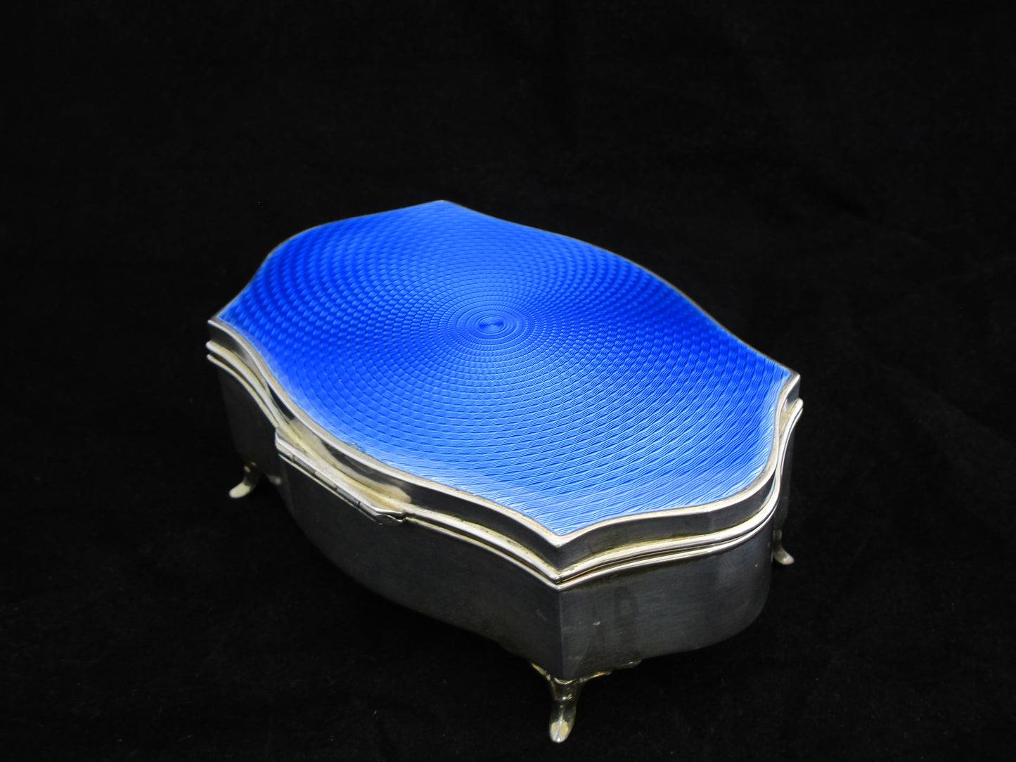 Sterling silver and blue guilloche enamel box by Walker & Hall