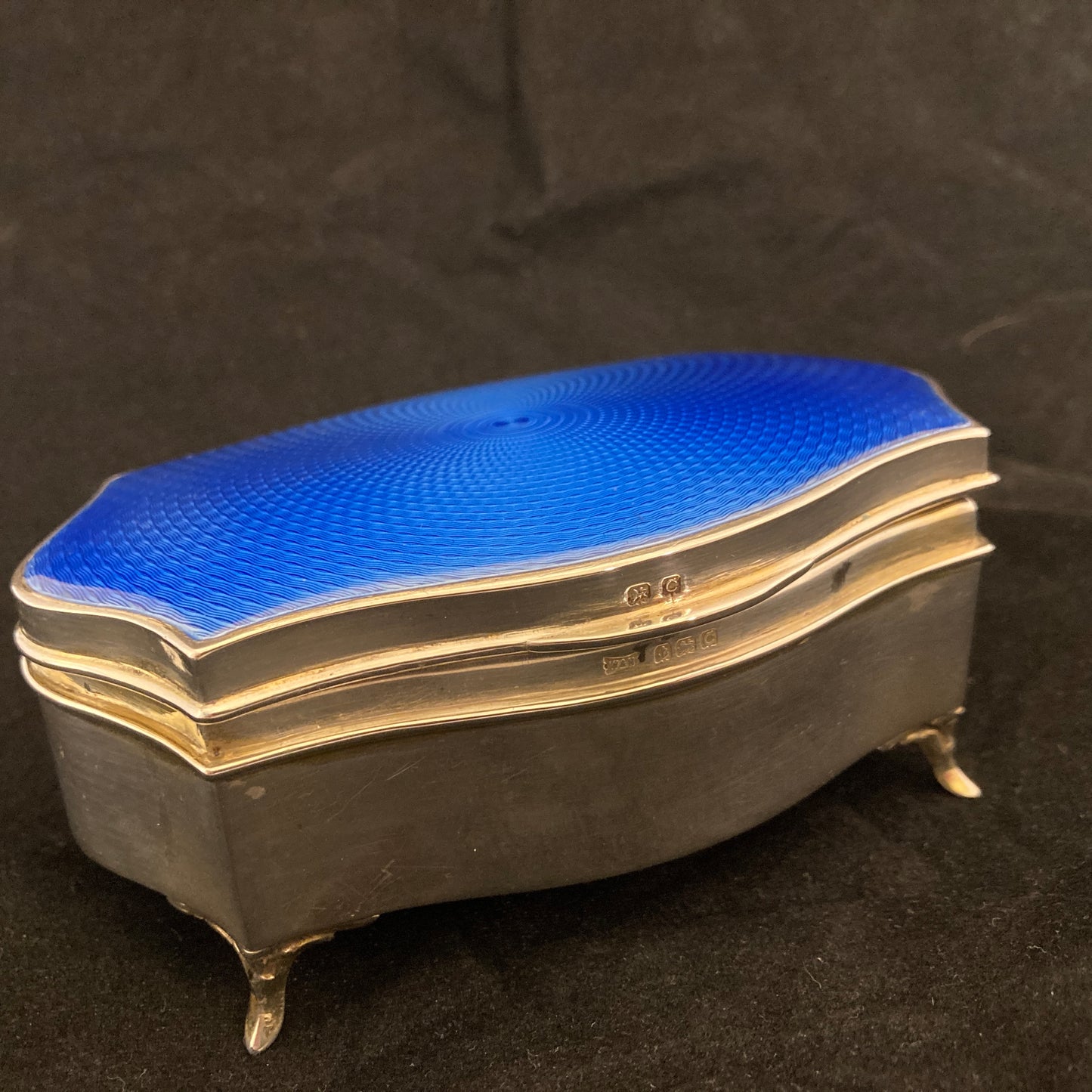 Sterling silver and blue guilloche enamel box by Walker & Hall