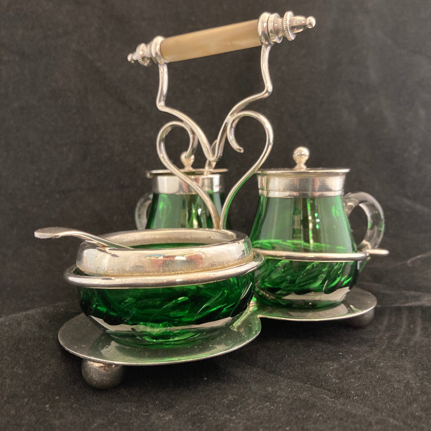 Deco silverplated condiment set with green glass(rare)