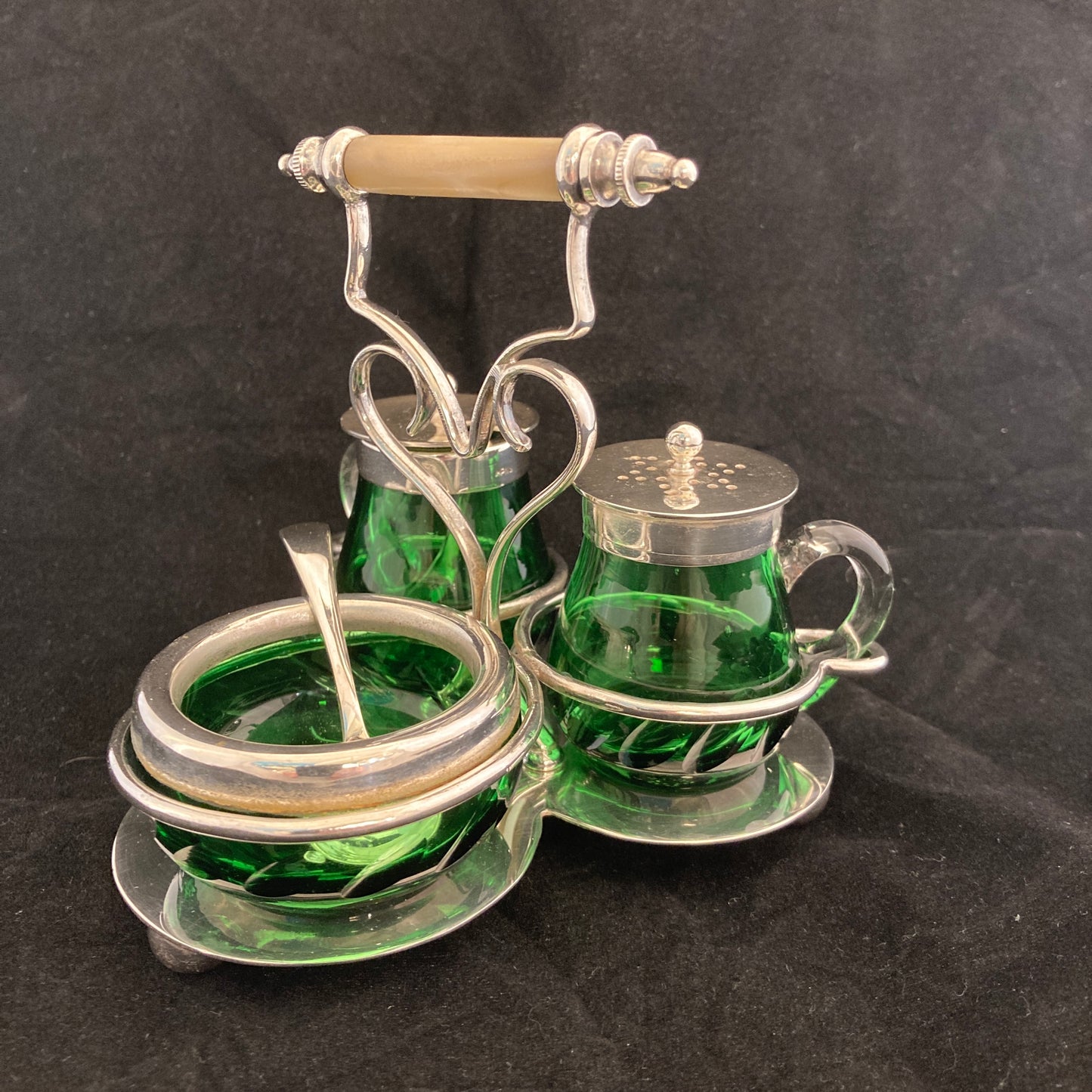 Deco silverplated condiment set with green glass(rare)
