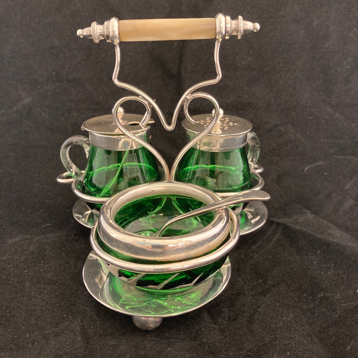 Deco silverplated condiment set with green glass(rare)