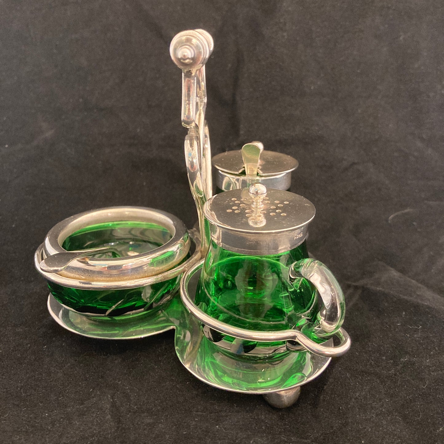 Deco silverplated condiment set with green glass(rare)