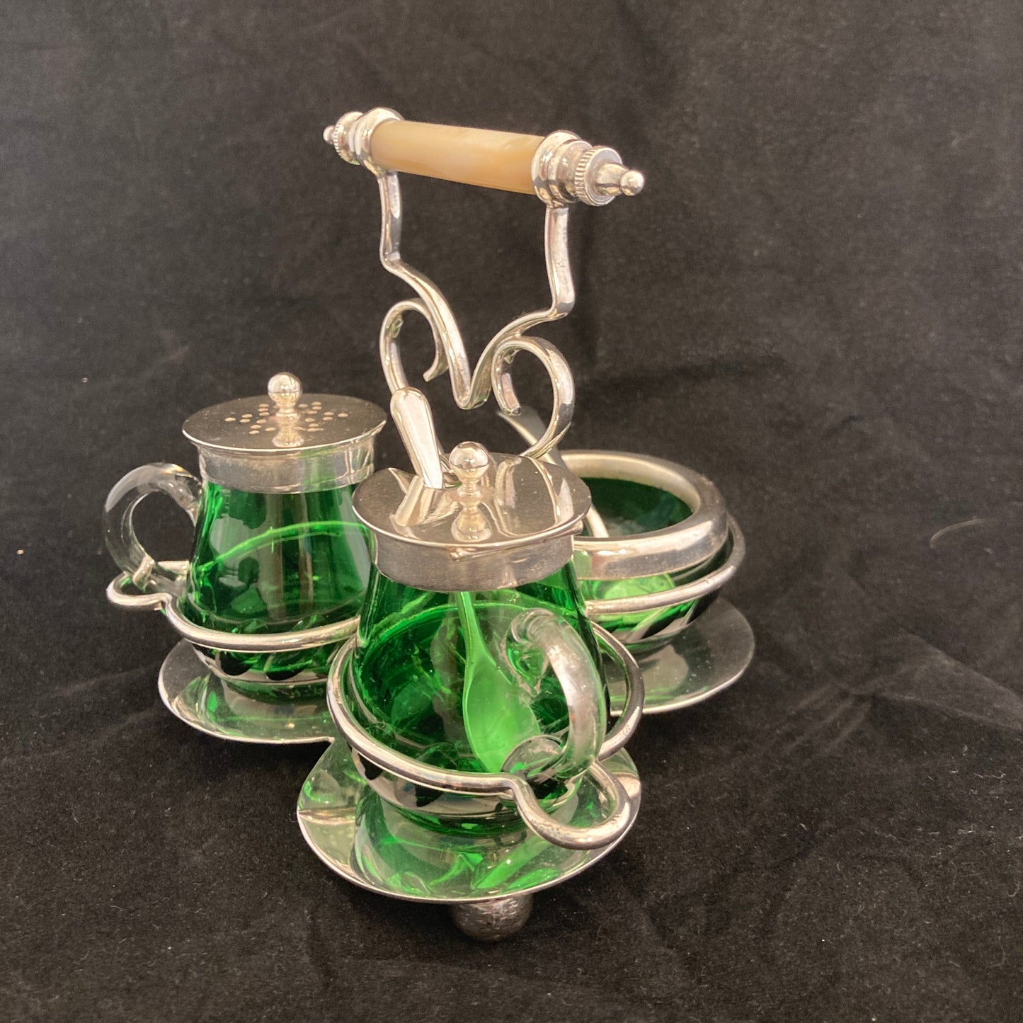 Deco silverplated condiment set with green glass(rare)