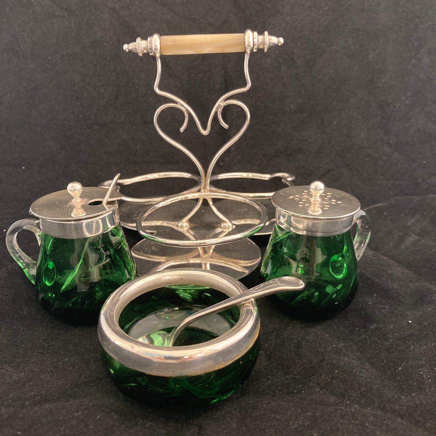 Deco silverplated condiment set with green glass(rare)