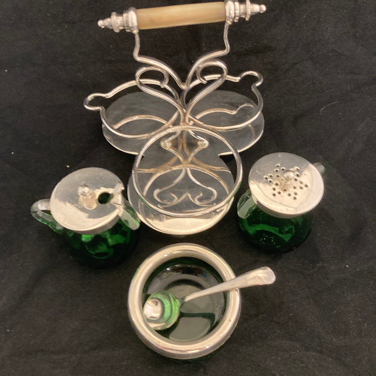 Deco silverplated condiment set with green glass(rare)