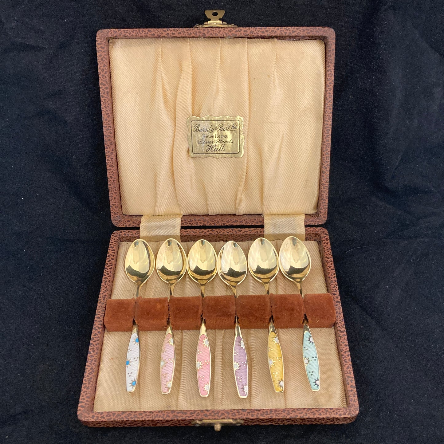 Set of 6 sterling silver and guilloche enamel Danish spoons by Fricast