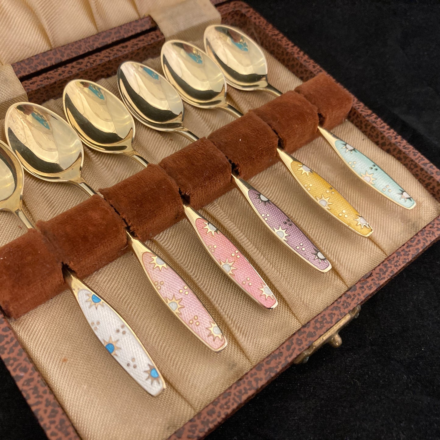 Set of 6 sterling silver and guilloche enamel Danish spoons by Fricast