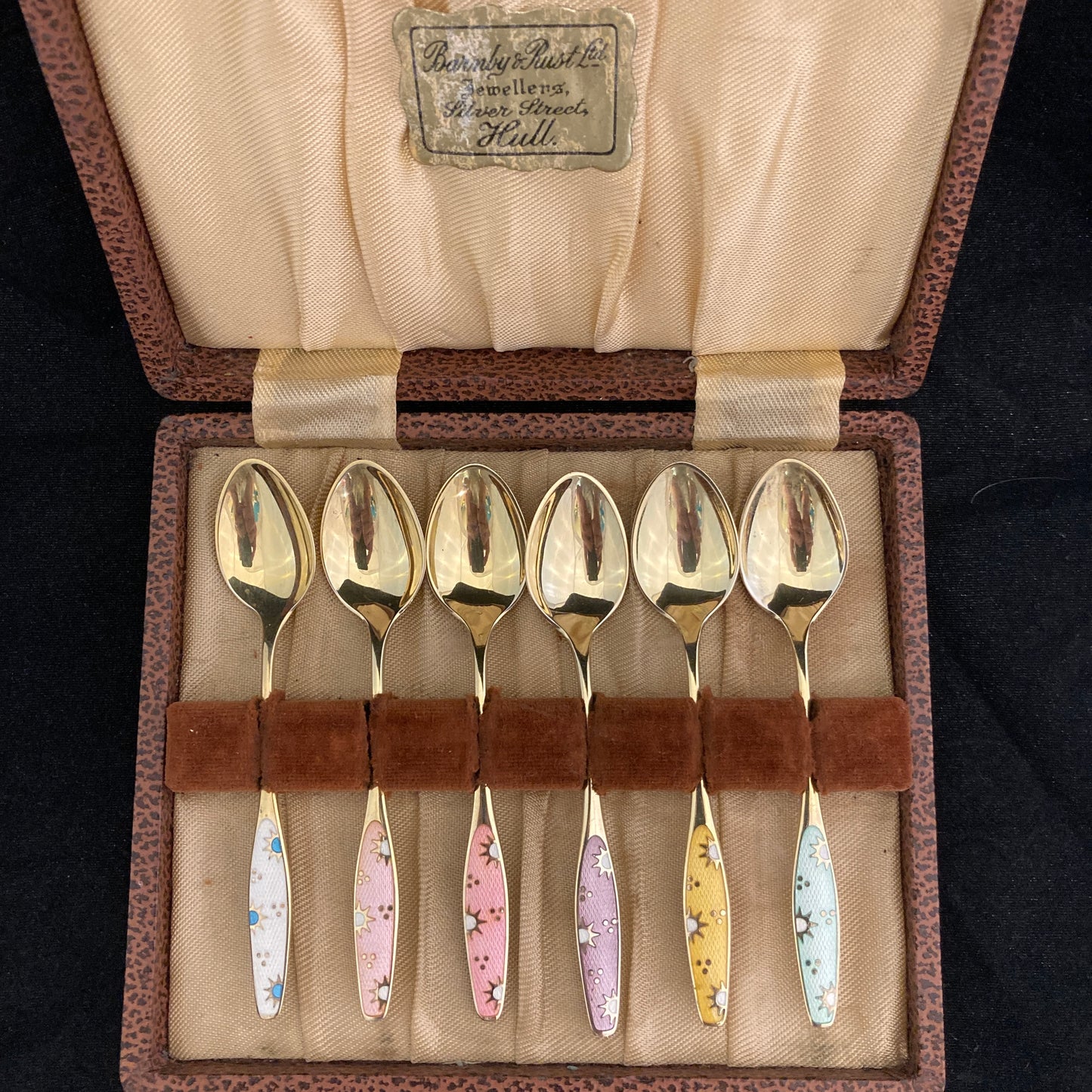 Set of 6 sterling silver and guilloche enamel Danish spoons by Fricast