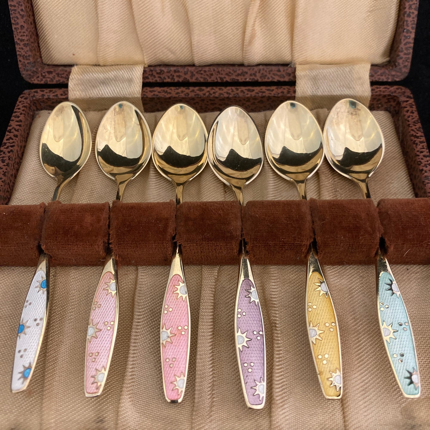 Set of 6 sterling silver and guilloche enamel Danish spoons by Fricast