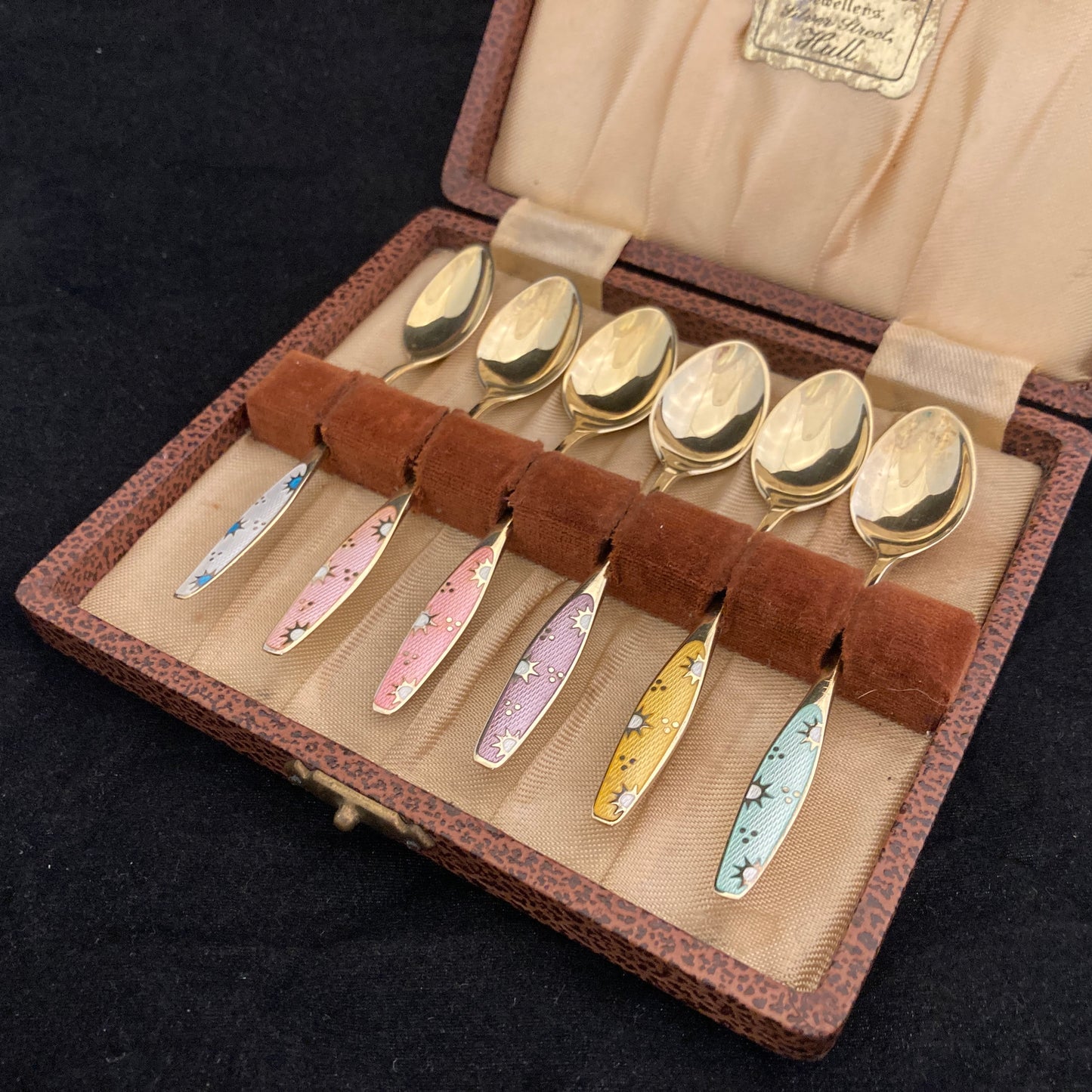 Set of 6 sterling silver and guilloche enamel Danish spoons by Fricast