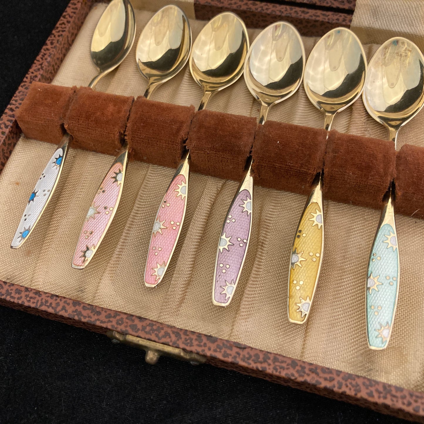 Set of 6 sterling silver and guilloche enamel Danish spoons by Fricast